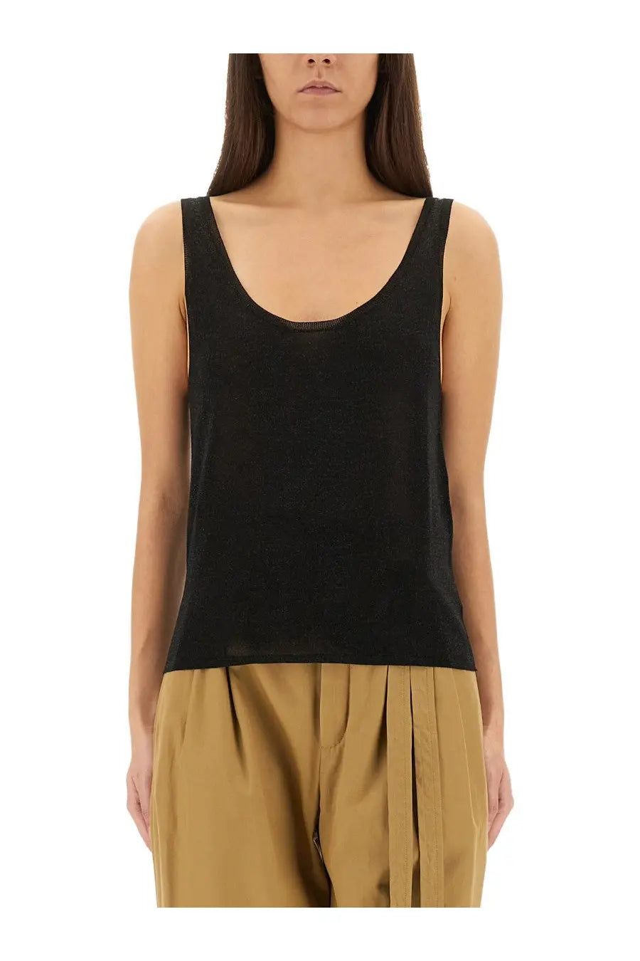 Saint Laurent women’s black lurex knit tank top with soft textured fabric and rounded neckline