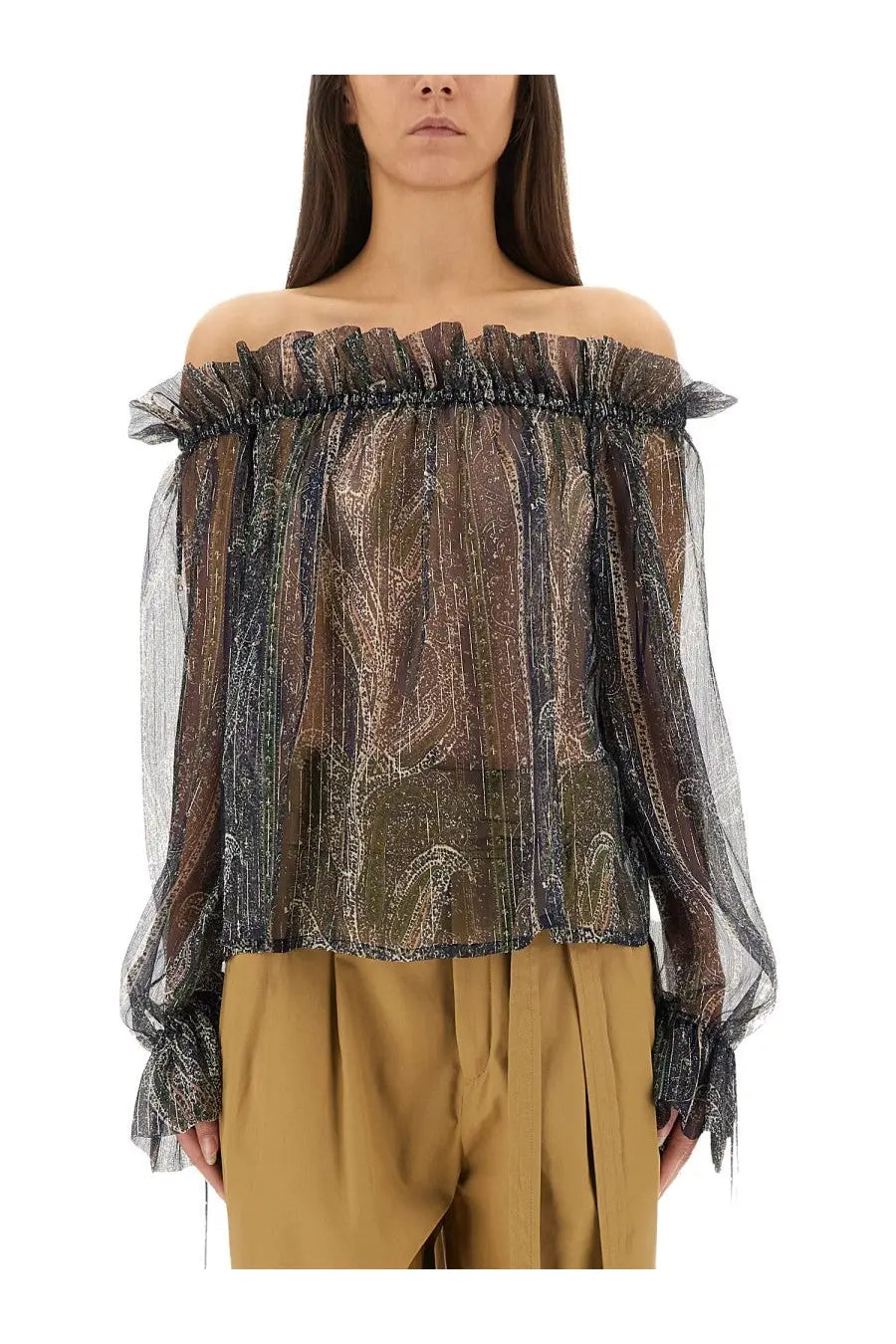Saint Laurent women’s lurex silk creponne top blue sheer off-the-shoulder blouse with paisley pattern and puffy sleeves