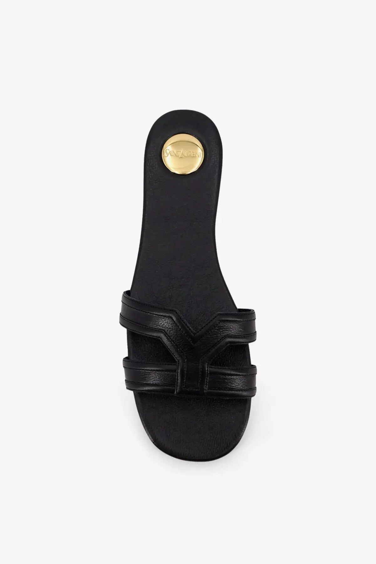 Black leather slide sandal with gold-tone circular saint laurent logo on the back heel women’s mabrouka sandals