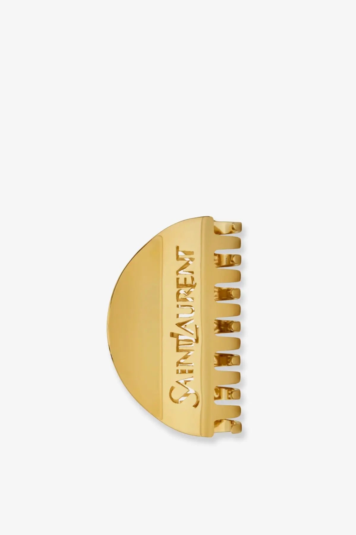 Gold-tone saint laurent women’s metal hairclip with sleek semi-circular design and embossed branding detail