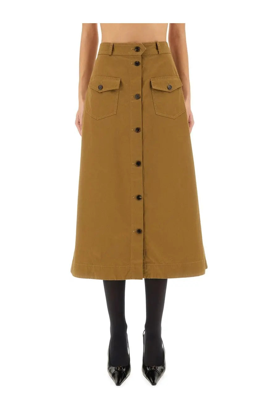 Saint Laurent women’s midi skirt beige in mustard yellow with high waist front button closure and side pockets