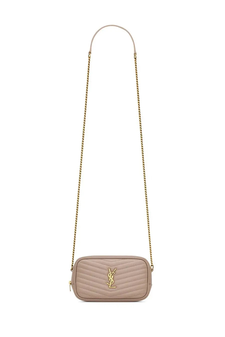 Saint Laurent women’s mini lou bag beige quilted leather crossbody with gold-tone chain strap and ysl logo