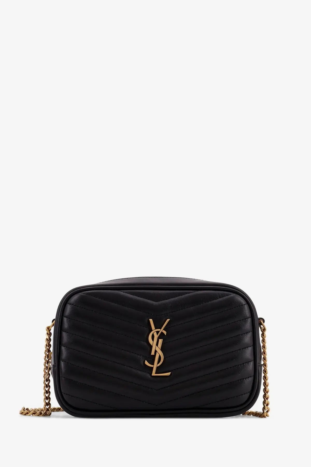 Saint Laurent women’s mini Lou quilted black leather crossbody bag with gold-tone chain strap and ysl logo clasp