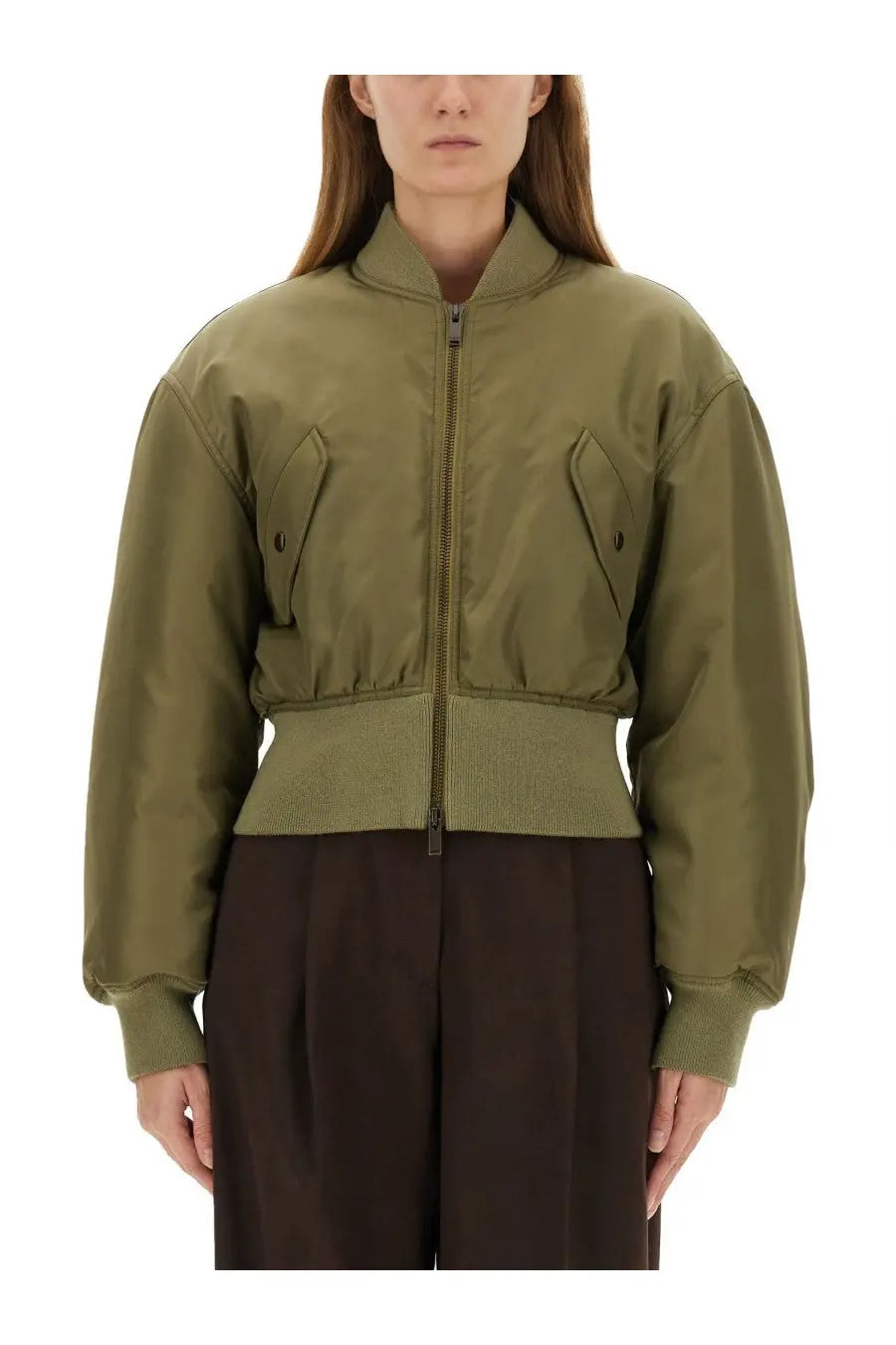 Saint Laurent women’s nylon olive green bomber jacket with ribbed waistband and front pockets