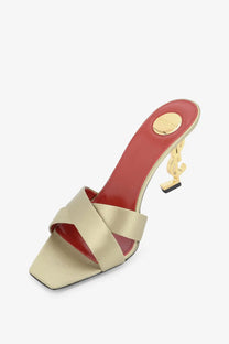 Saint Laurent women’s opyum beige satin strap mule sandal with red leather interior and gold-tone ysl logo heel