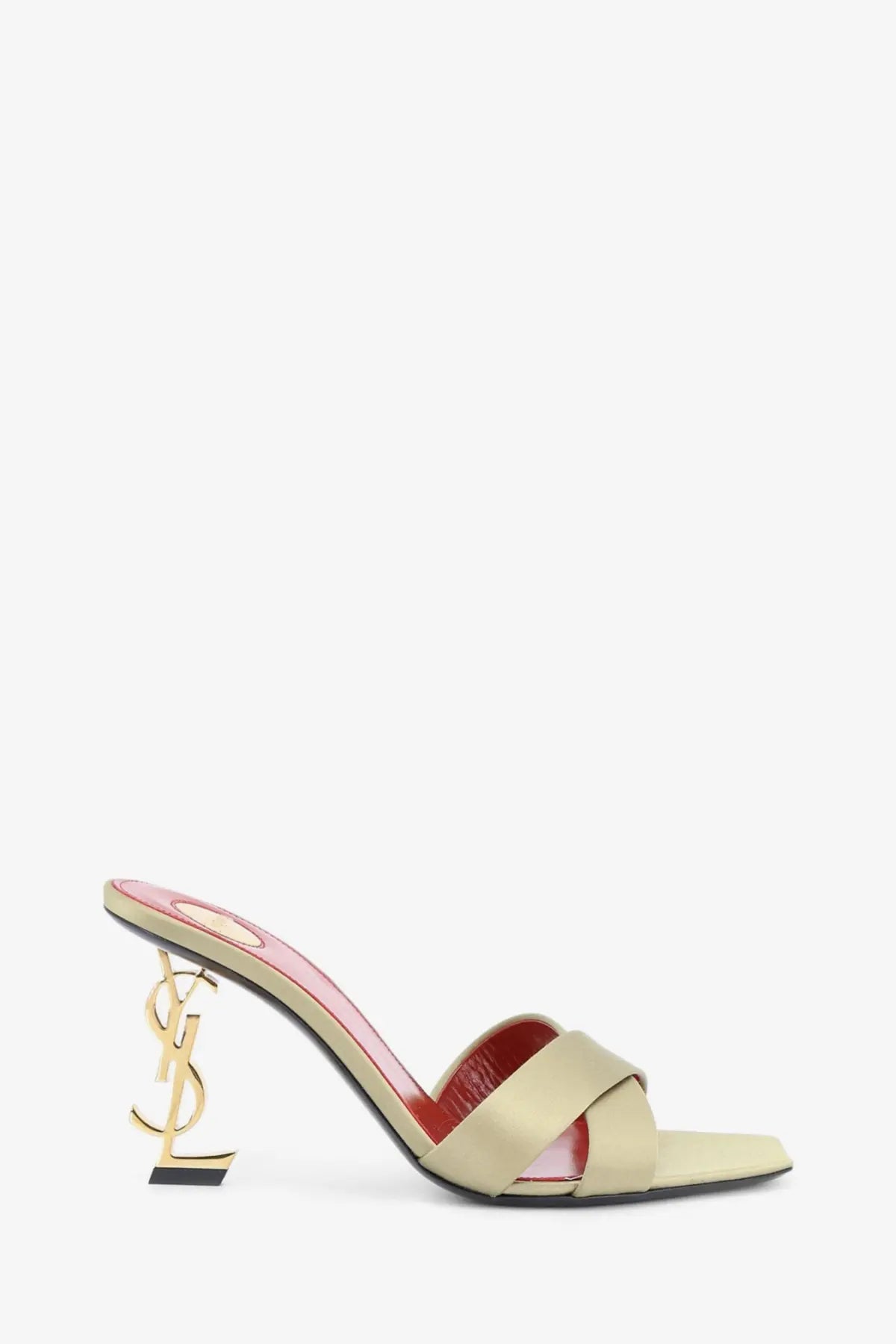 Saint Laurent women’s opyum beige satin mule sandal with gold ysl logo heel and red interior lining back view