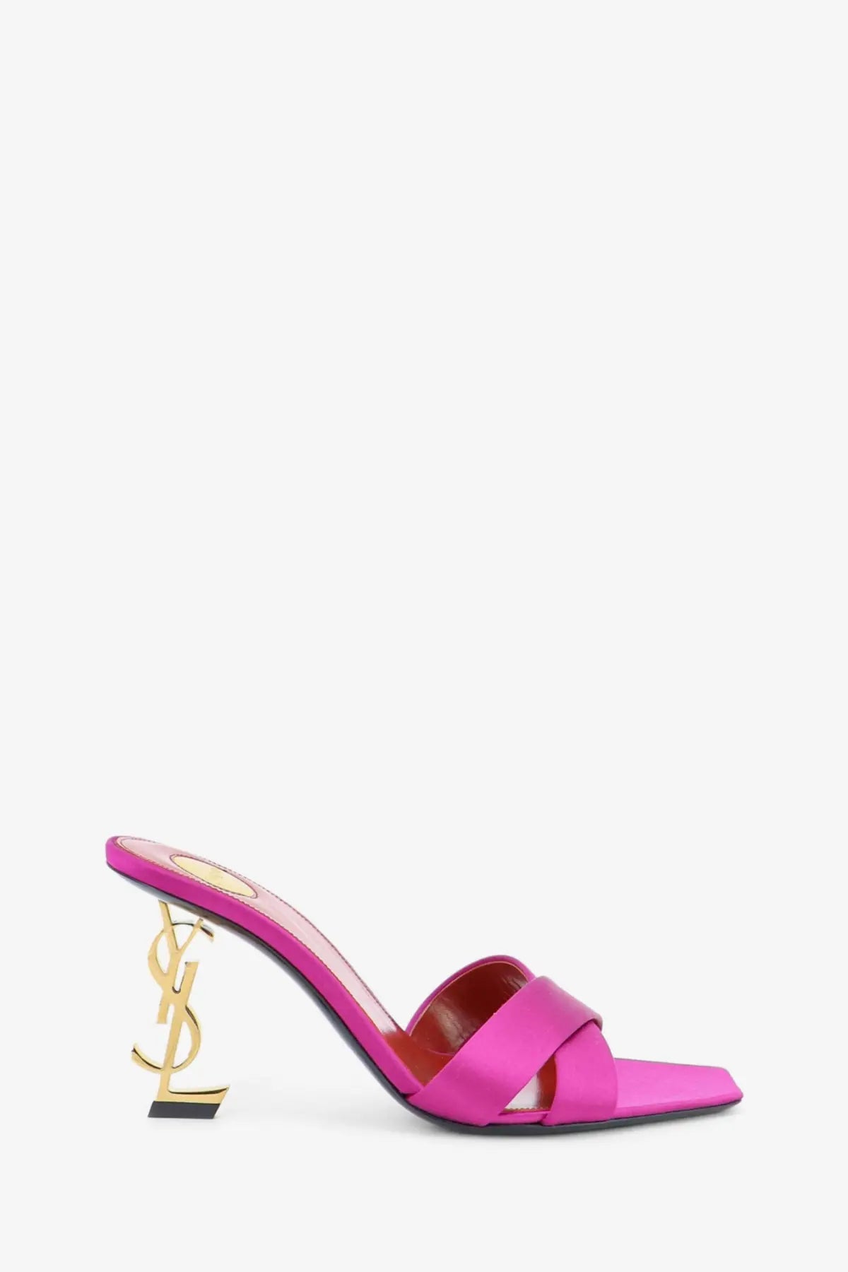 Saint Laurent women’s fuchsia satin slip-on mule with a gold-tone ysl logo heel in a pink Opyum sandal style