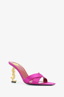 Saint Laurent women’s opyum satin sandals in fuchsia with satin straps and a gold-tone YSL logo heel