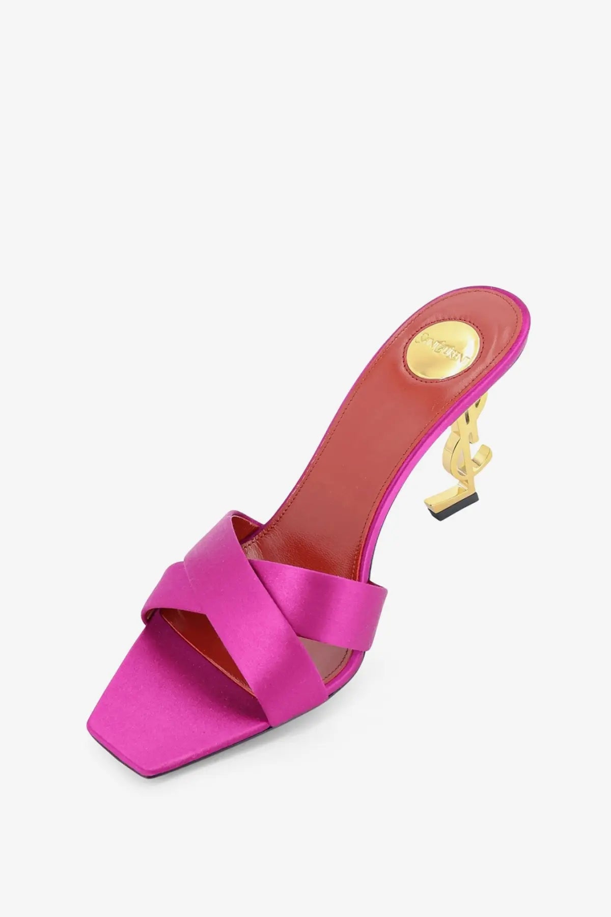 Saint laurent women’s opyum satin sandals pink with fuchsia satin straps and gold-tone ysl logo heel shown from the back