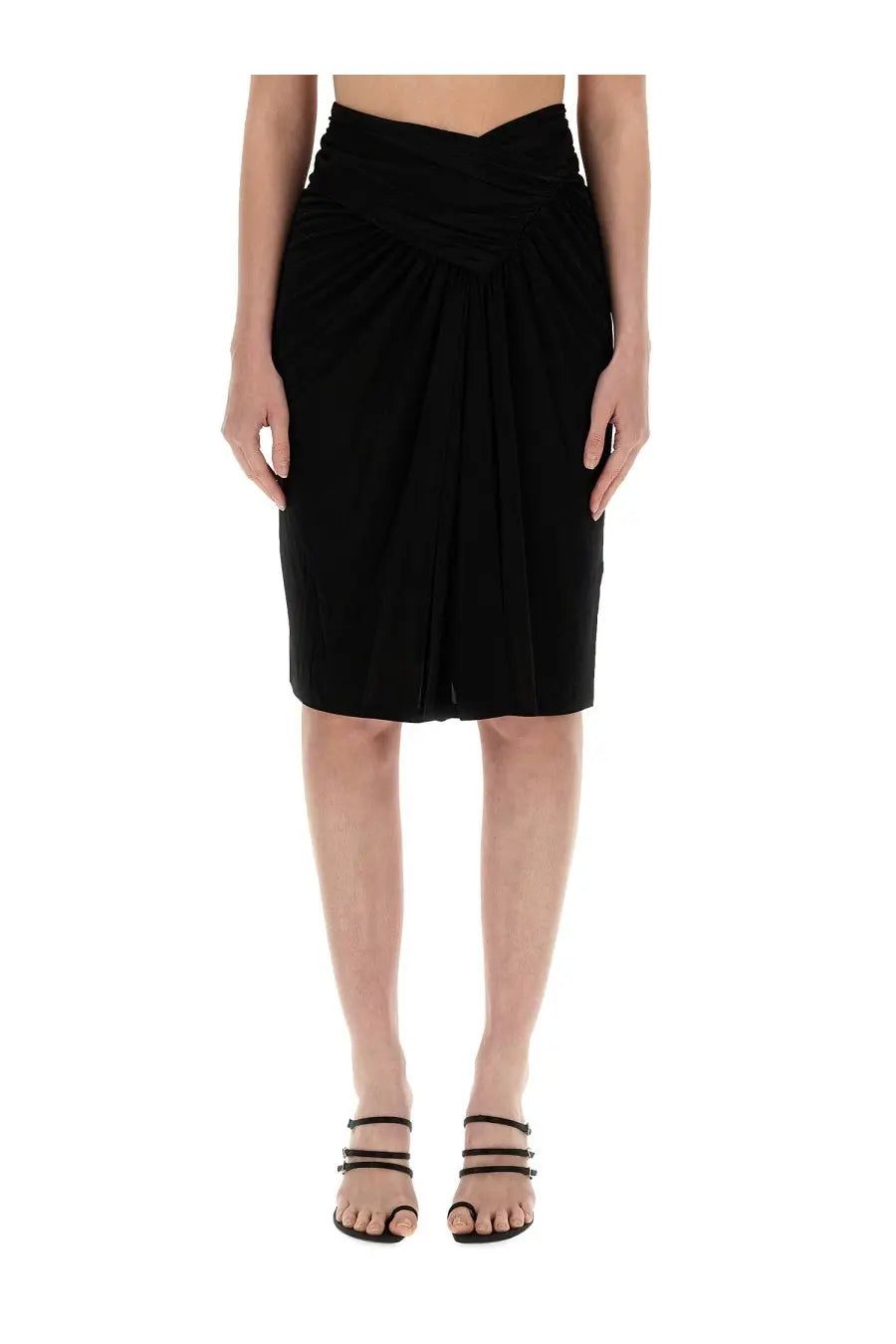 Saint Laurent women’s black pleated pencil skirt with draped waistband showcasing elegant tailored design
