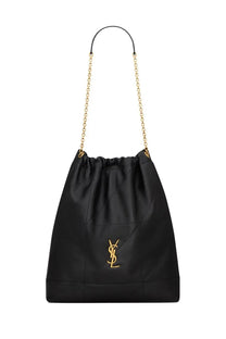 Saint Laurent women’s pochon Jamie large black satin drawstring bag with gold-tone YSL logo and chain strap