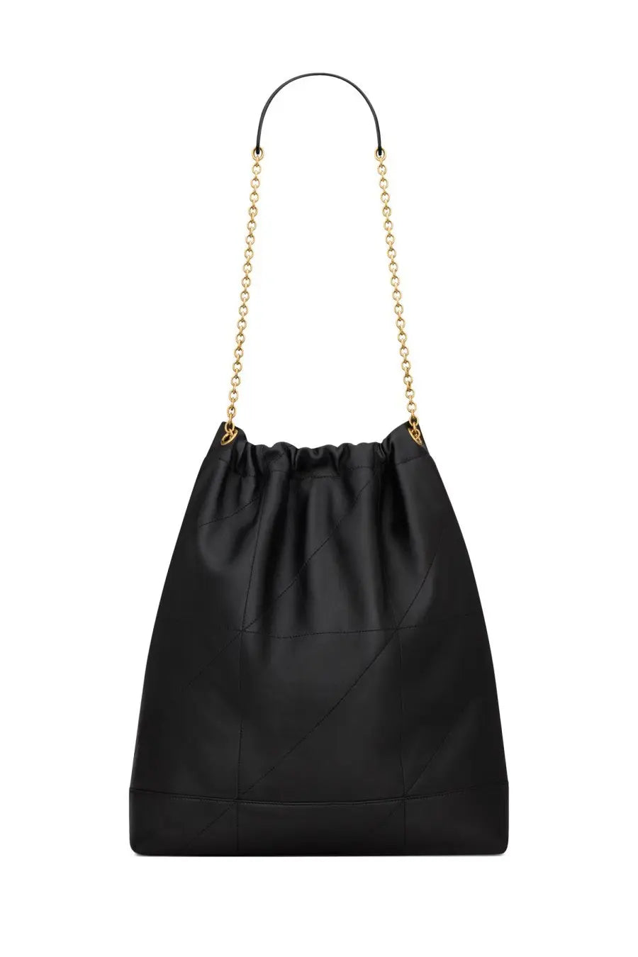 Saint Laurent women’s pochon Jamie large black satin bucket bag with gold-tone chain strap and drawstring closure