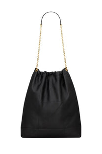 Saint Laurent women’s pochon Jamie large black satin bucket bag with gold-tone chain strap and drawstring closure