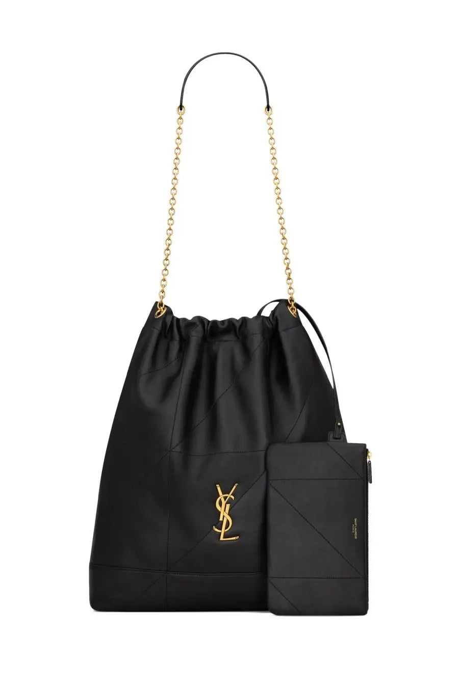 Saint Laurent women’s pochon jamie large black bucket bag with gold-tone chain strap and logo emblem