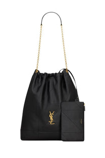 Saint Laurent women’s pochon jamie large black bucket bag with gold-tone chain strap and logo emblem