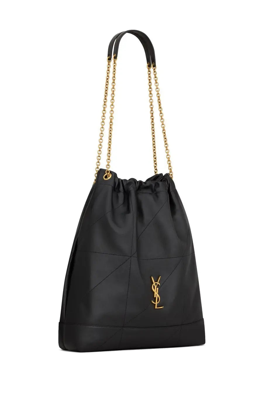Saint Laurent women’s pochon Jamie large black leather bucket bag with gold-tone chain strap and logo emblem