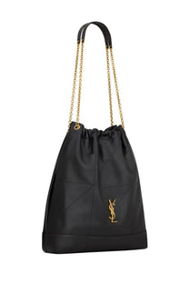 Saint Laurent women’s pochon Jamie large black leather bucket bag with gold-tone chain strap and logo emblem