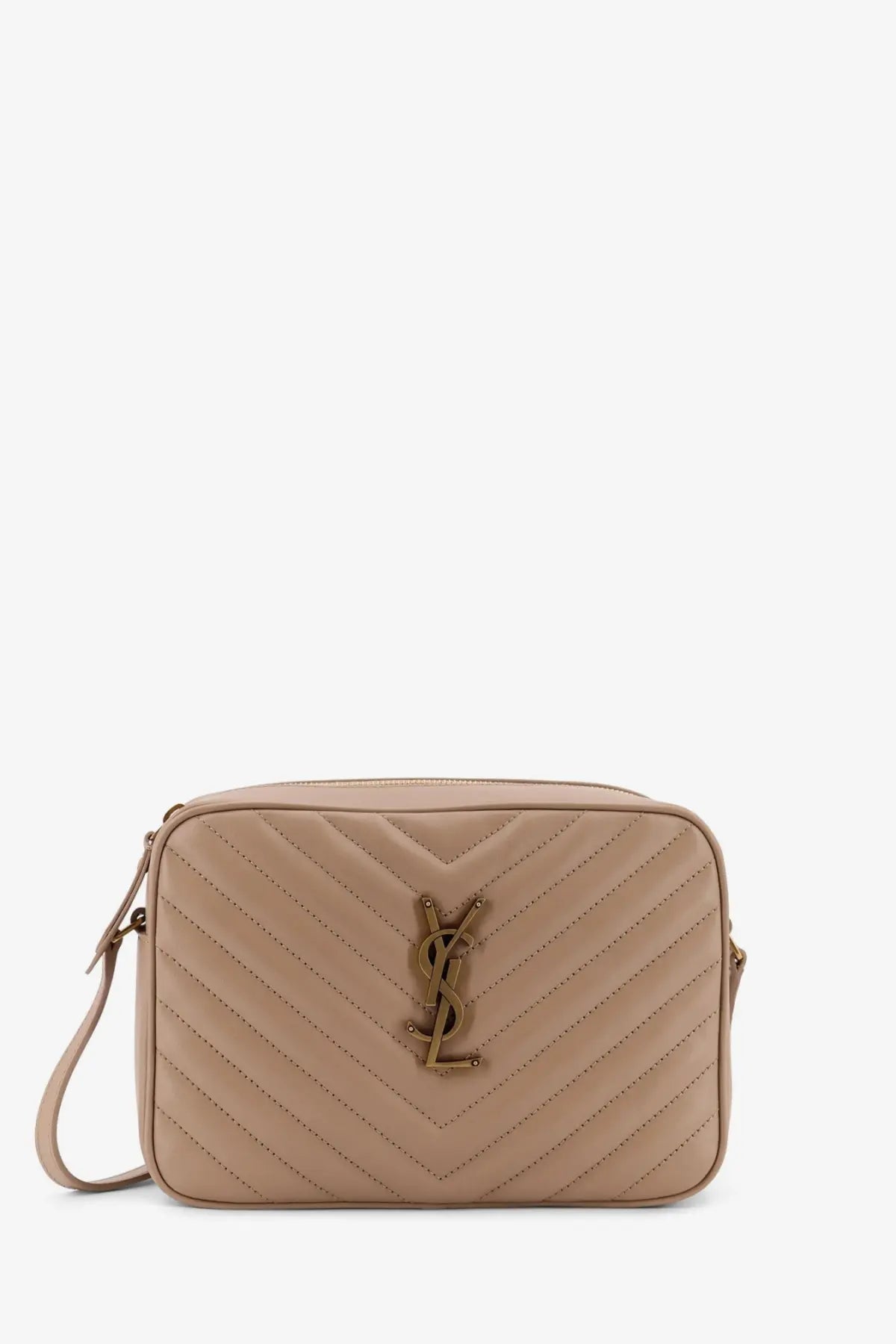 Beige quilted leather crossbody Lou camera bag with gold tone YSL logo by Saint Laurent women’s collection