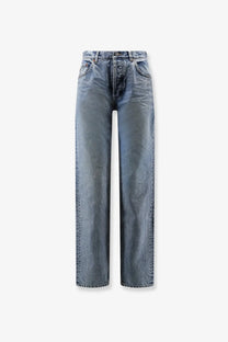 Saint Laurent women’s relaxed straight jeans in light blue high-waisted denim with subtle fading and whiskering details