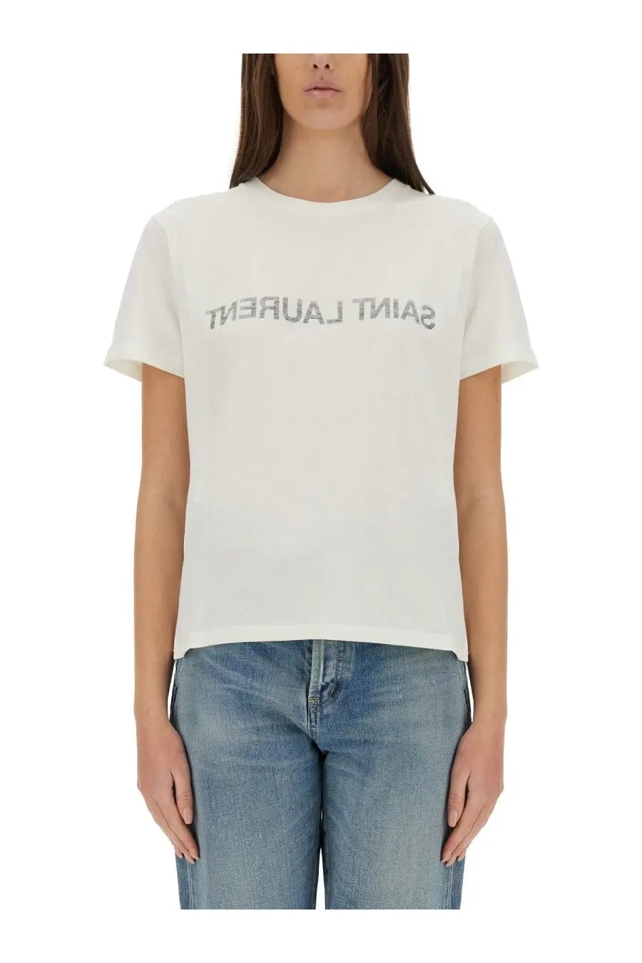 Saint Laurent women’s white cotton t-shirt with silver lettering across the chest from the Saint Laurent reverse shirt line