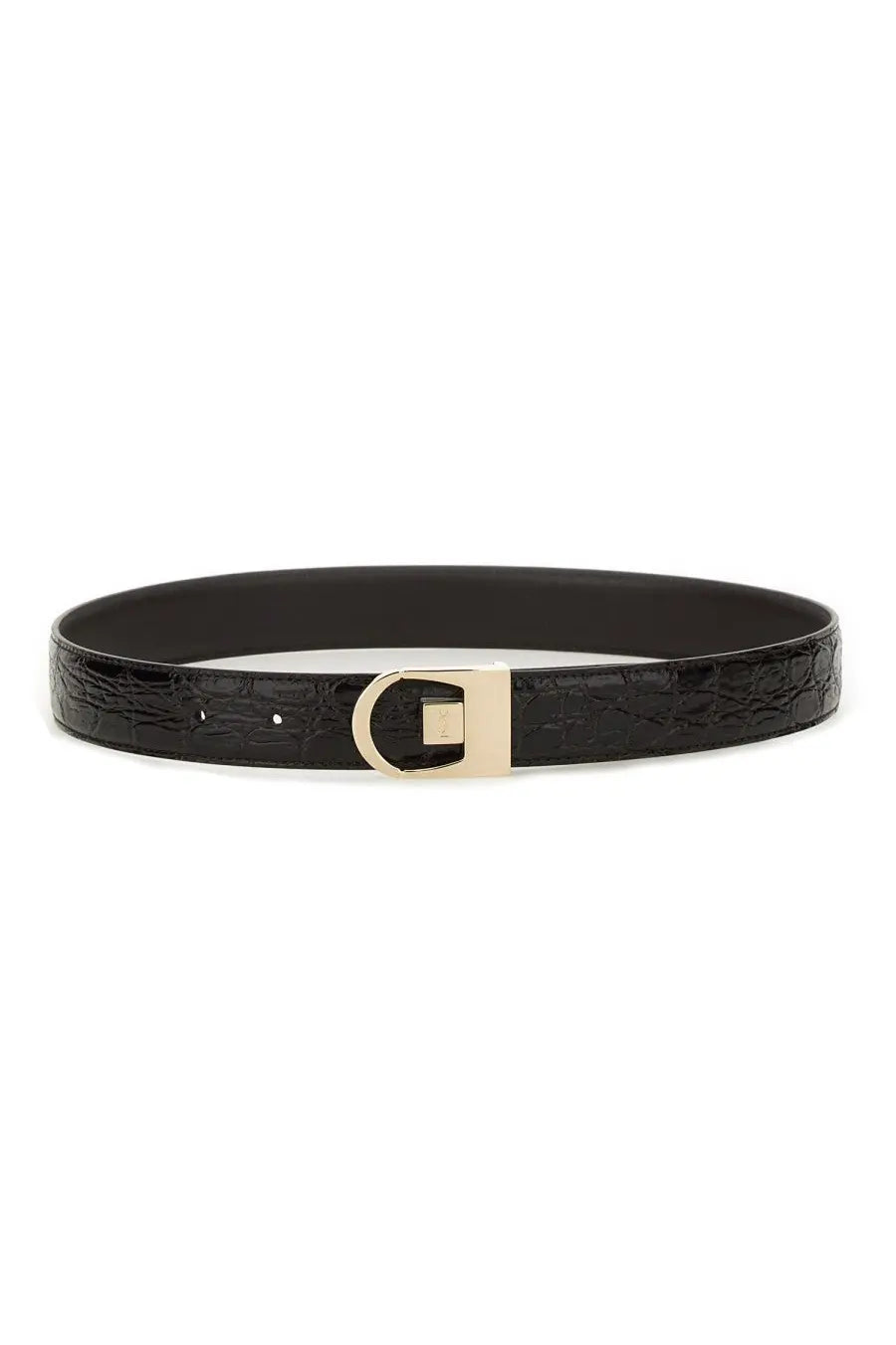 Saint Laurent women’s reversible belt black with black crocodile-embossed leather and gold-tone d-ring buckle