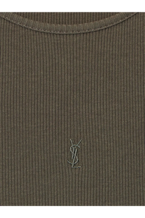 Saint Laurent women’s olive green ribbed cotton top with subtle embroidered YSL logo at center front