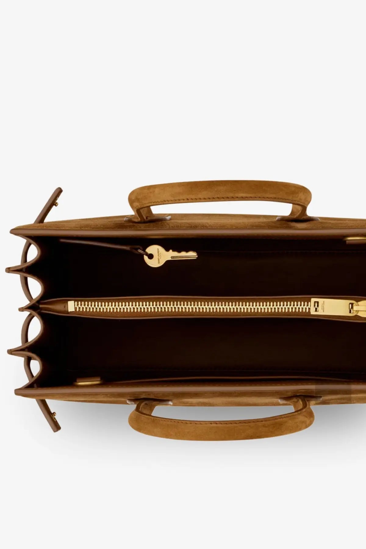 Brown suede saint laurent sac de jour handbag with gold-tone zipper and key fob in orange baby suede material