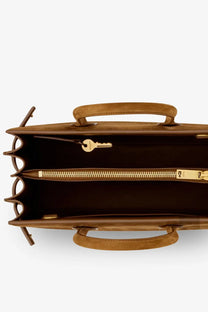 Brown suede saint laurent sac de jour handbag with gold-tone zipper and key fob in orange baby suede material