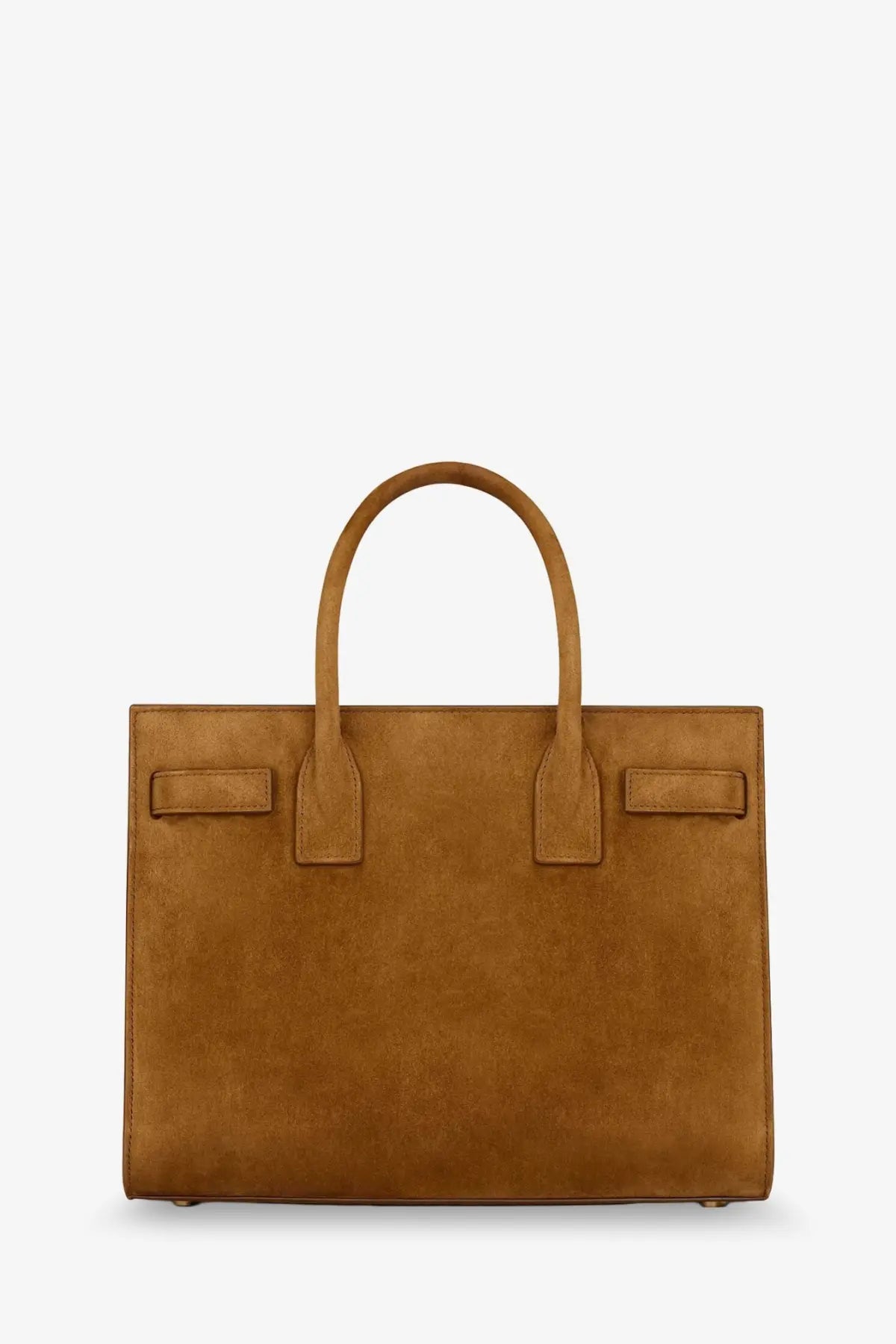 Tan suede saint laurent sac de jour baby handbag with structured rectangular shape and top handles in orange