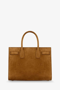 Tan suede saint laurent sac de jour baby handbag with structured rectangular shape and top handles in orange
