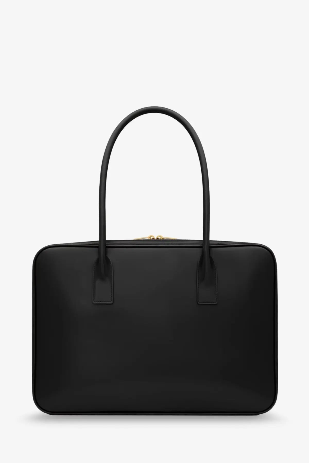 Saint Laurent women’s black leather sac de jour handbag with curved top handles and gold-tone zipper closure