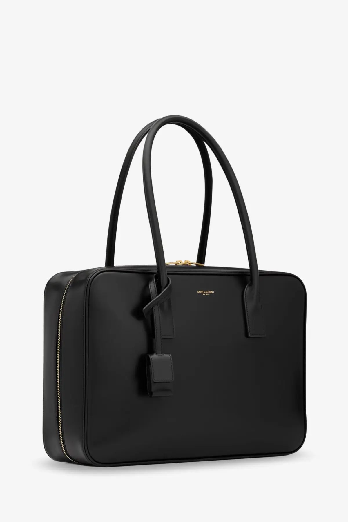 Saint Laurent women’s sac de jour black leather tote bag with gold-tone hardware and minimalist design