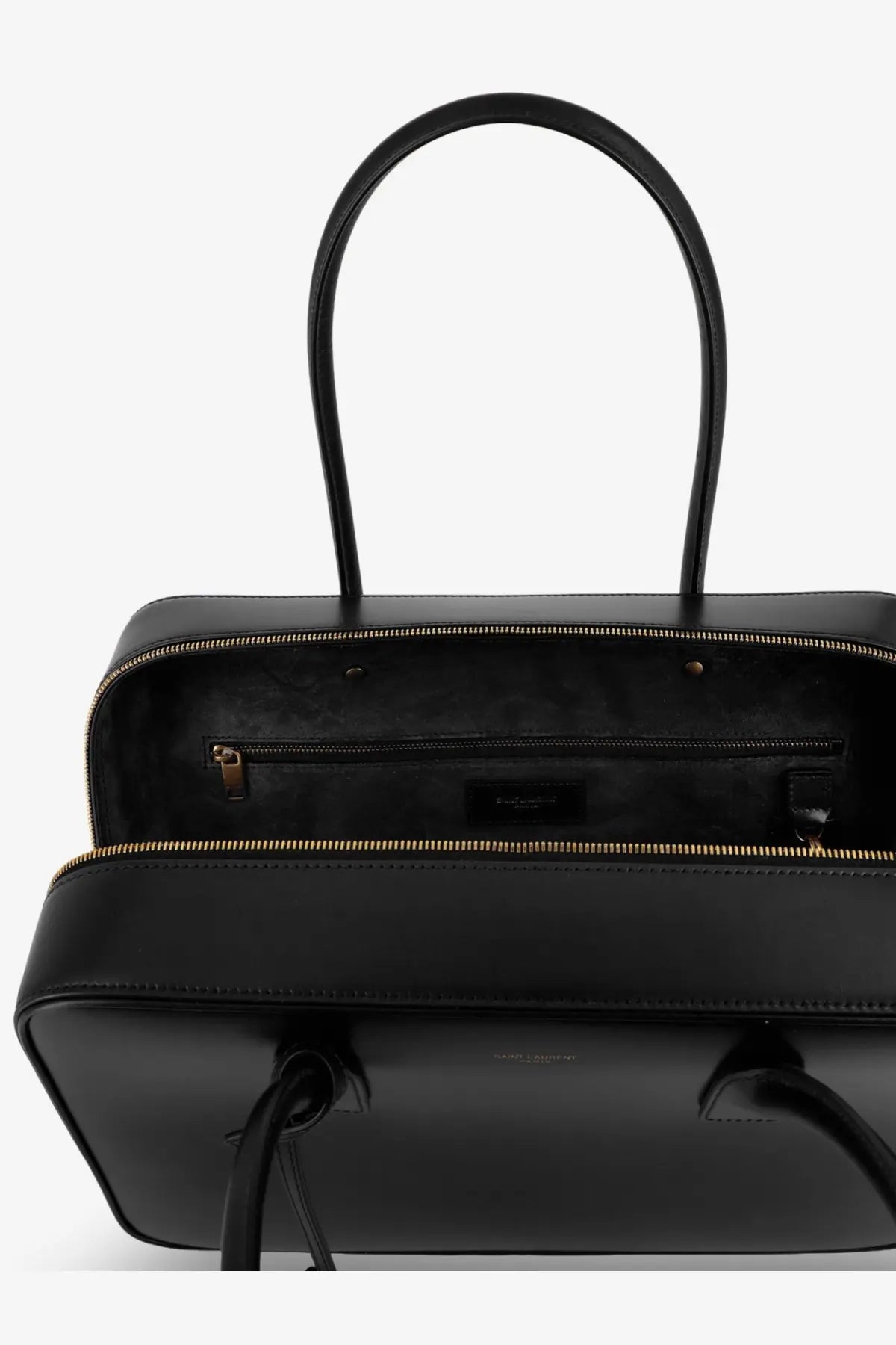 Saint Laurent women’s sac de jour black leather tote bag with gold-tone zippers and handles