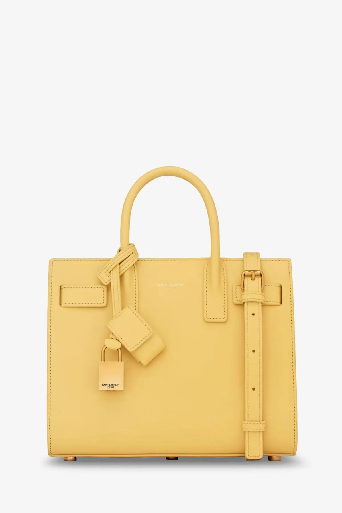 Saint Laurent women’s sac de jour nano leather crossbody bag in pale yellow with top handles and detachable shoulder strap