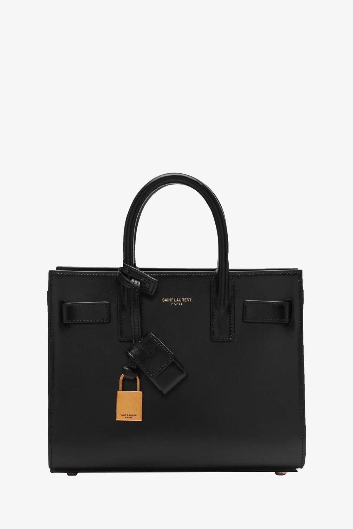 Saint Laurent women’s sac de jour nano black leather crossbody handbag with gold-tone lock and keychain