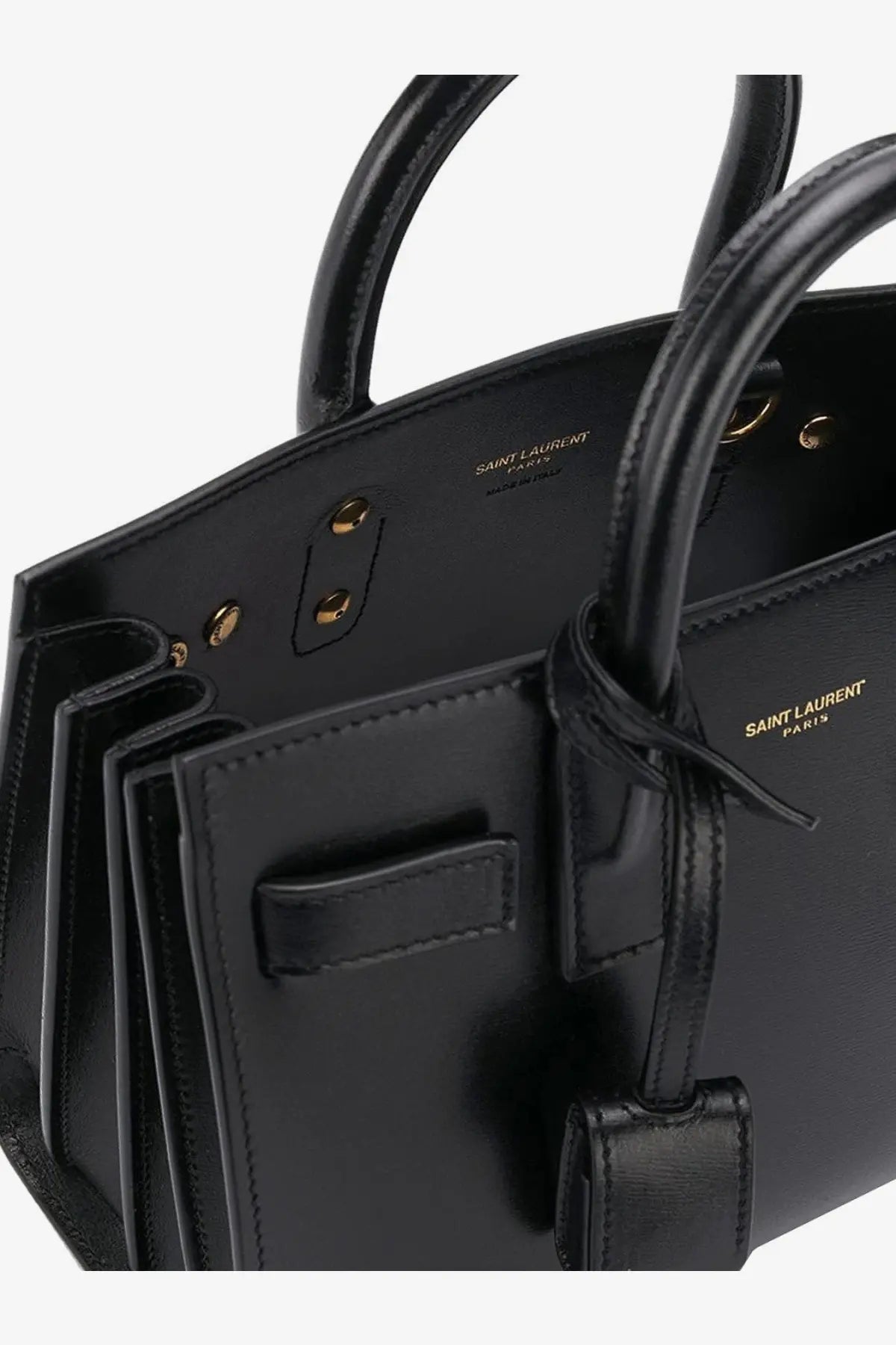 Saint Laurent women’s sac de jour nano black leather crossbody handbag with gold-tone hardware and signature logo embossing