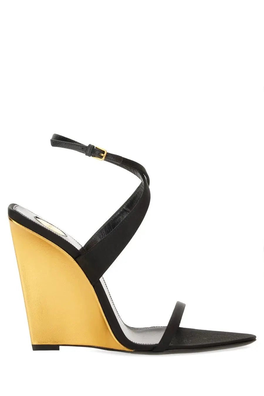 Saint Laurent women’s Salomé sandal black with black satin straps and striking gold-tone wedge heel