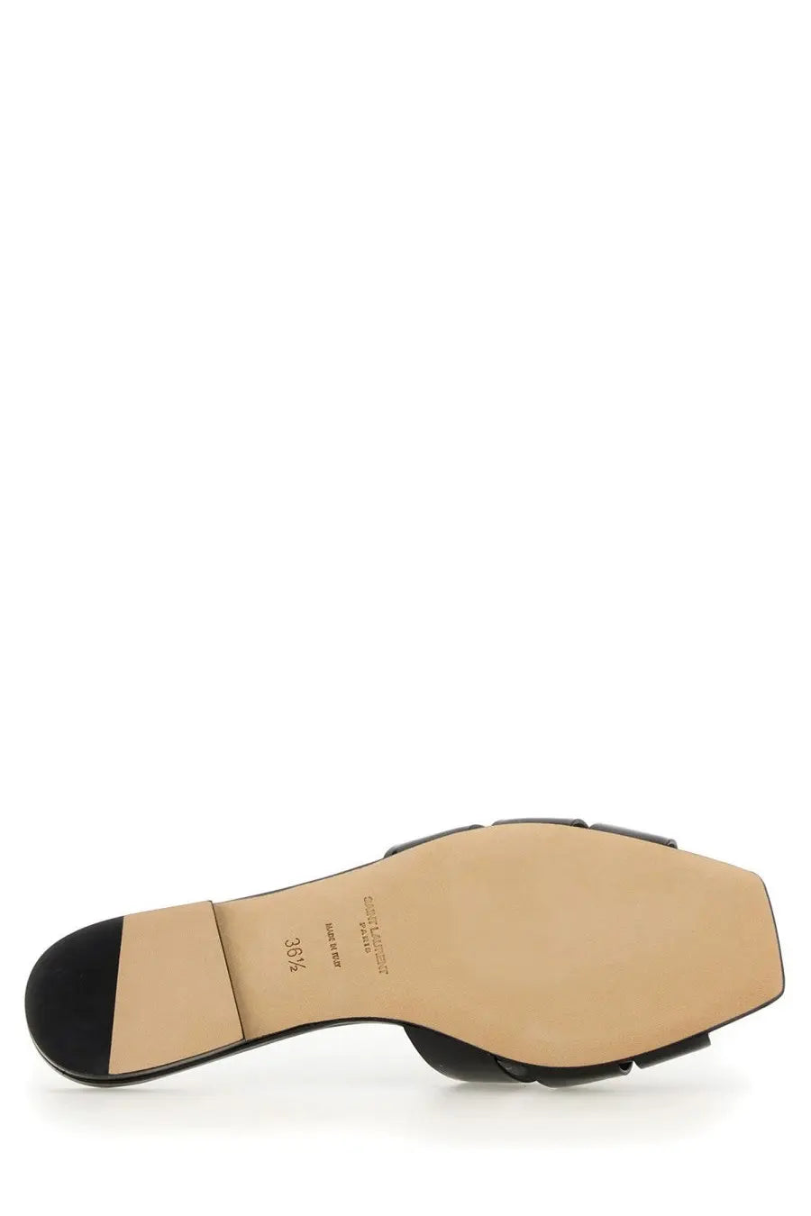 Black leather slide sandal with square toe and contrasting tan insole saint laurent women’s sandal nu pieds tribute black
