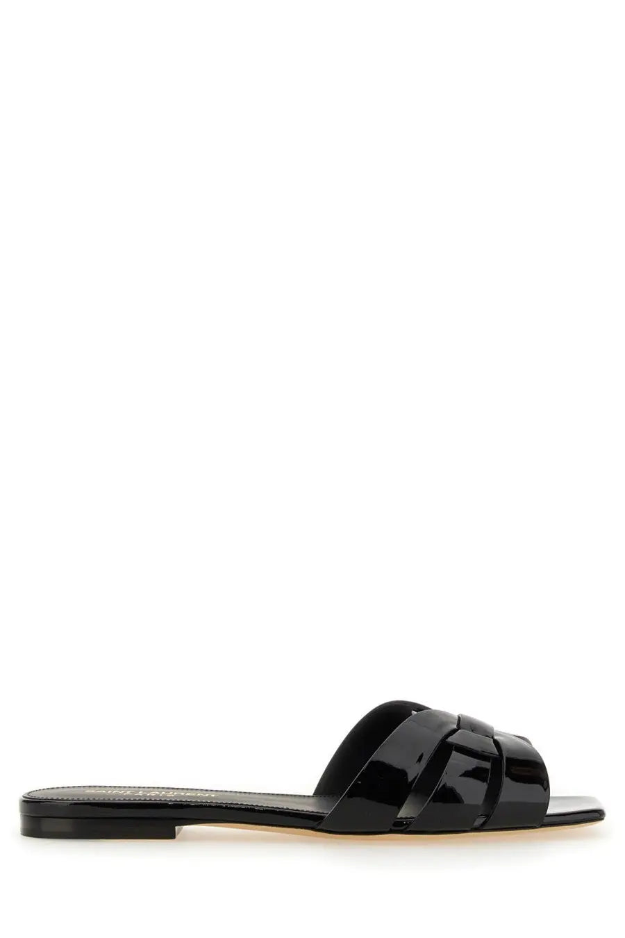 Black patent leather slide sandal with woven strap design from saint laurent womens sandal nu pieds tribute black