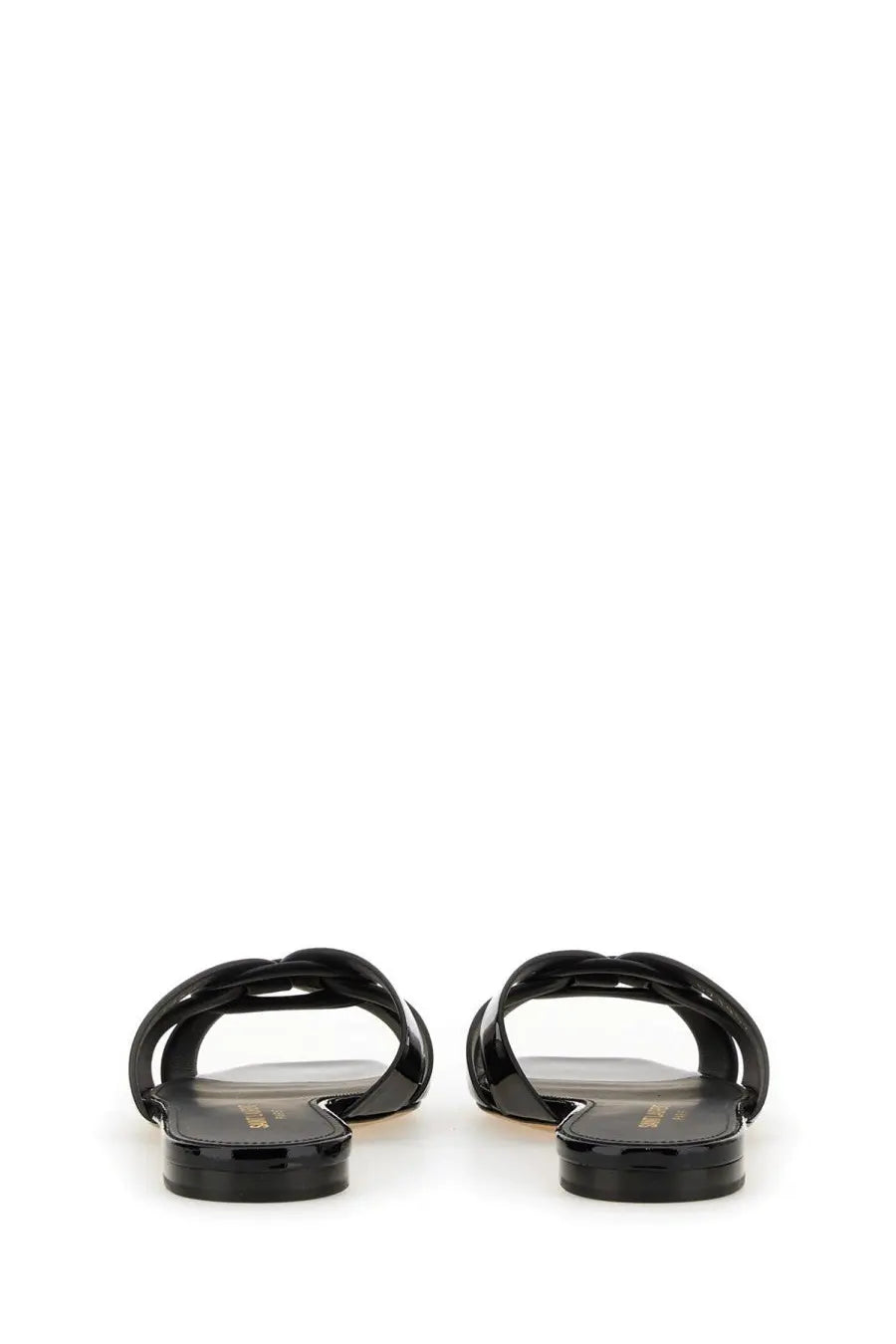 Saint Laurent women’s sandal black patent leather slide with sleek minimalist design and flat sole