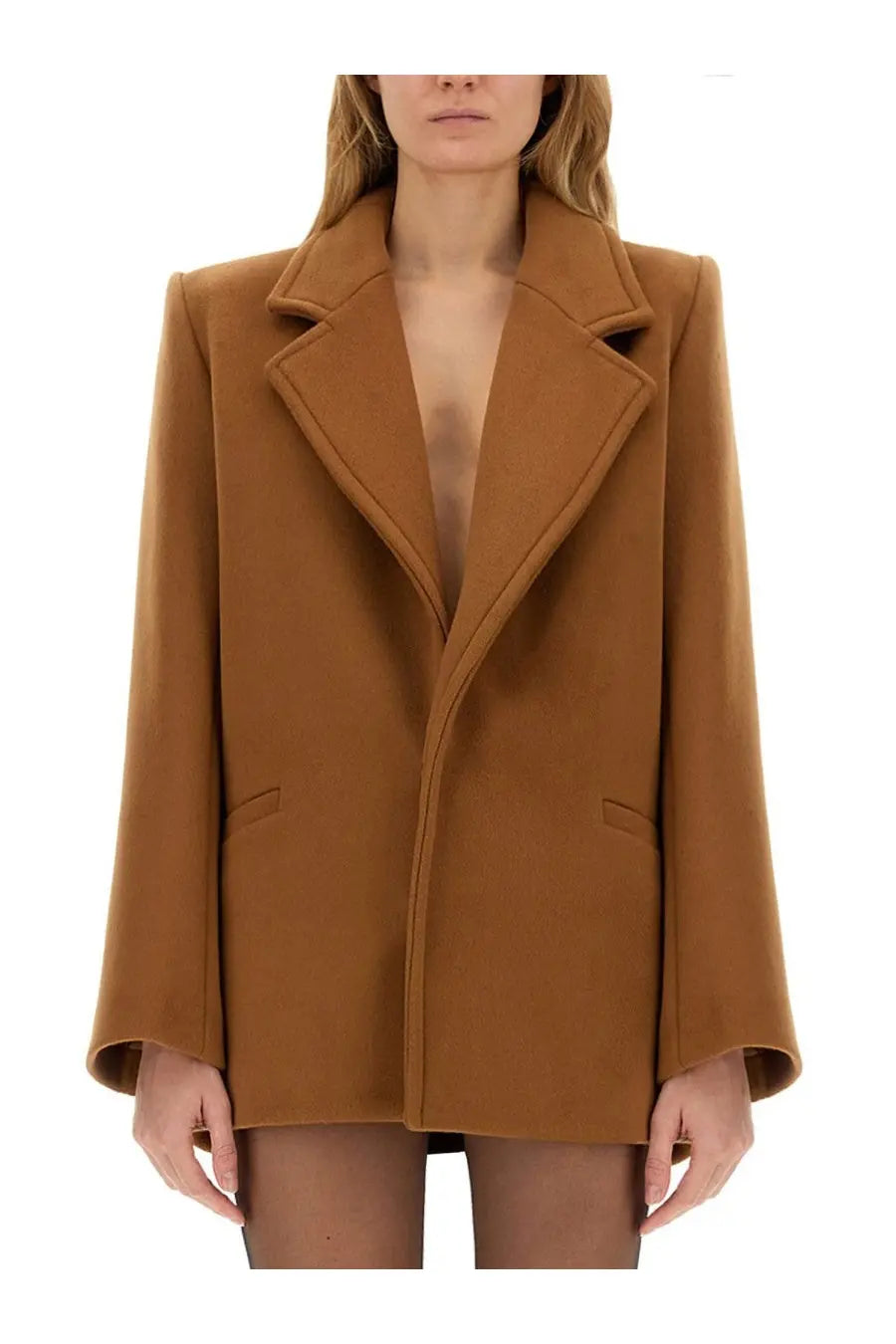 Saint Laurent women’s short camel-colored wool blazer with notched lapel and flap pockets in beige