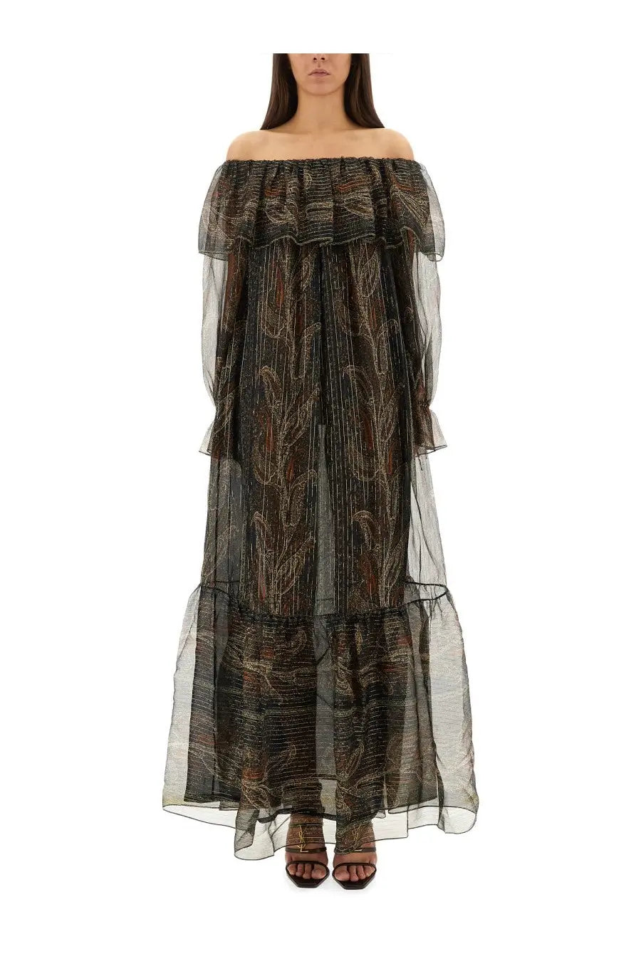 Saint Laurent women’s silk lurex creponne off the shoulder black maxi dress in sheer mesh with gold leaf pattern and ruffles