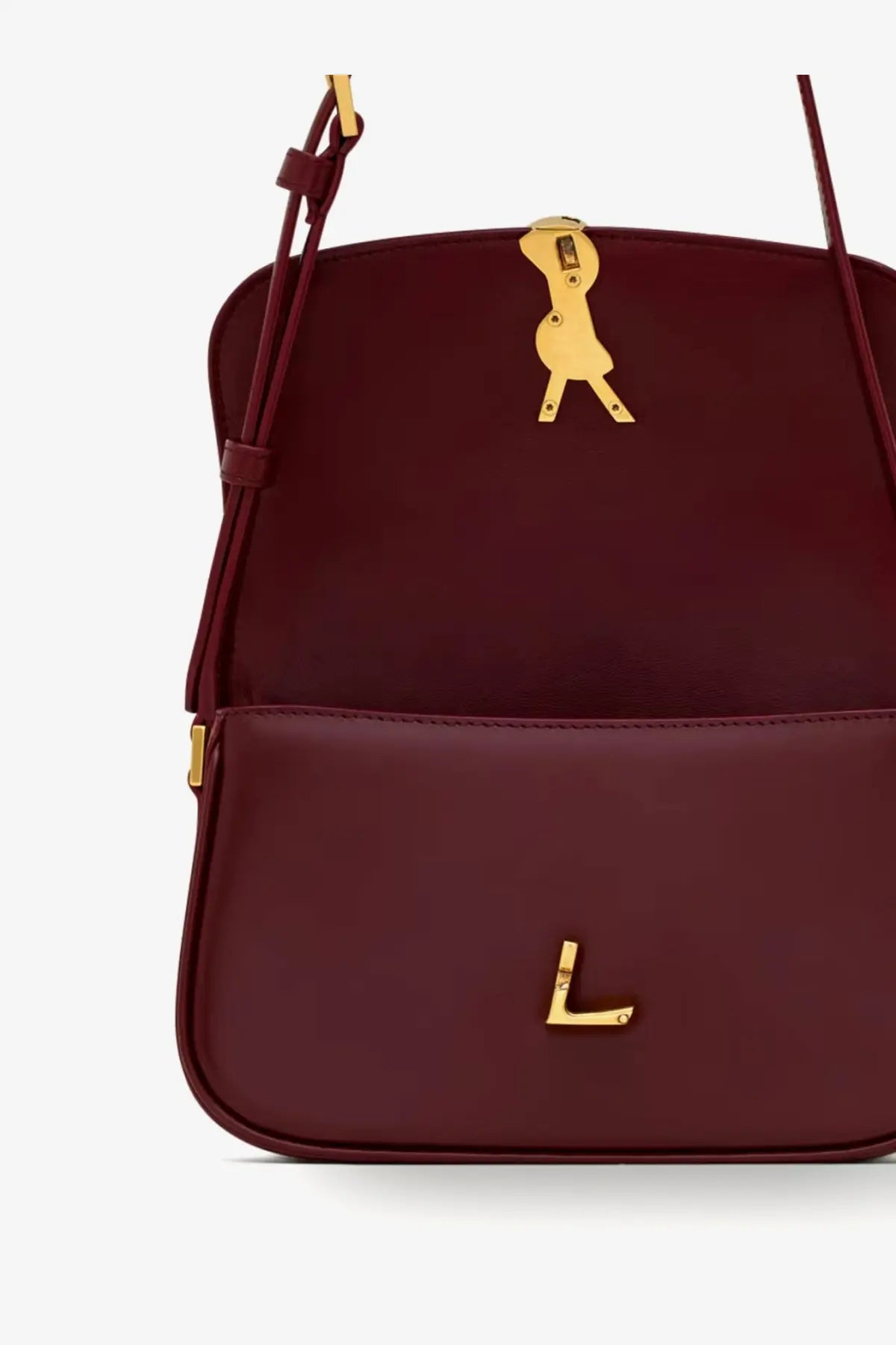 Saint Laurent women’s Solferino mini leather shoulder bag in burgundy with gold bird-shaped clasp and L logo emblem