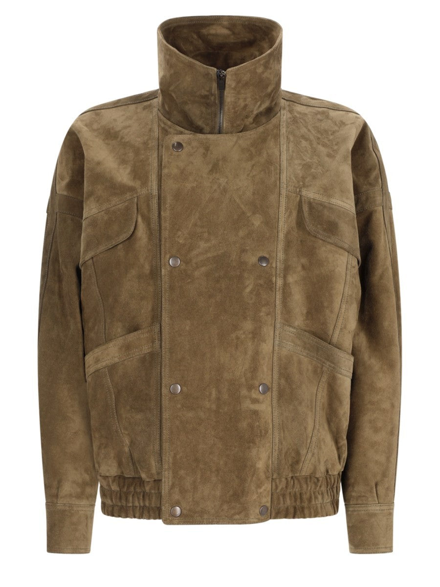 Saint Laurent Women's Suede Bomber Double-Breasted Jacket Brown
