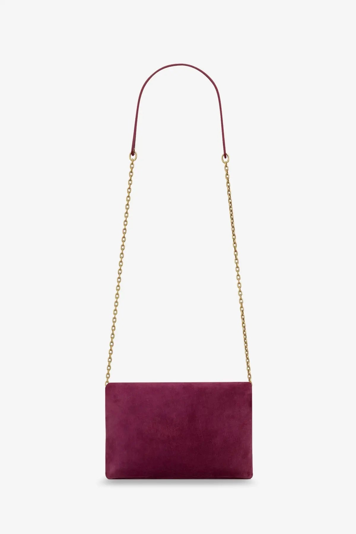 Saint Laurent women’s burgundy suede crossbody clutch with a gold-tone chain strap and suede material
