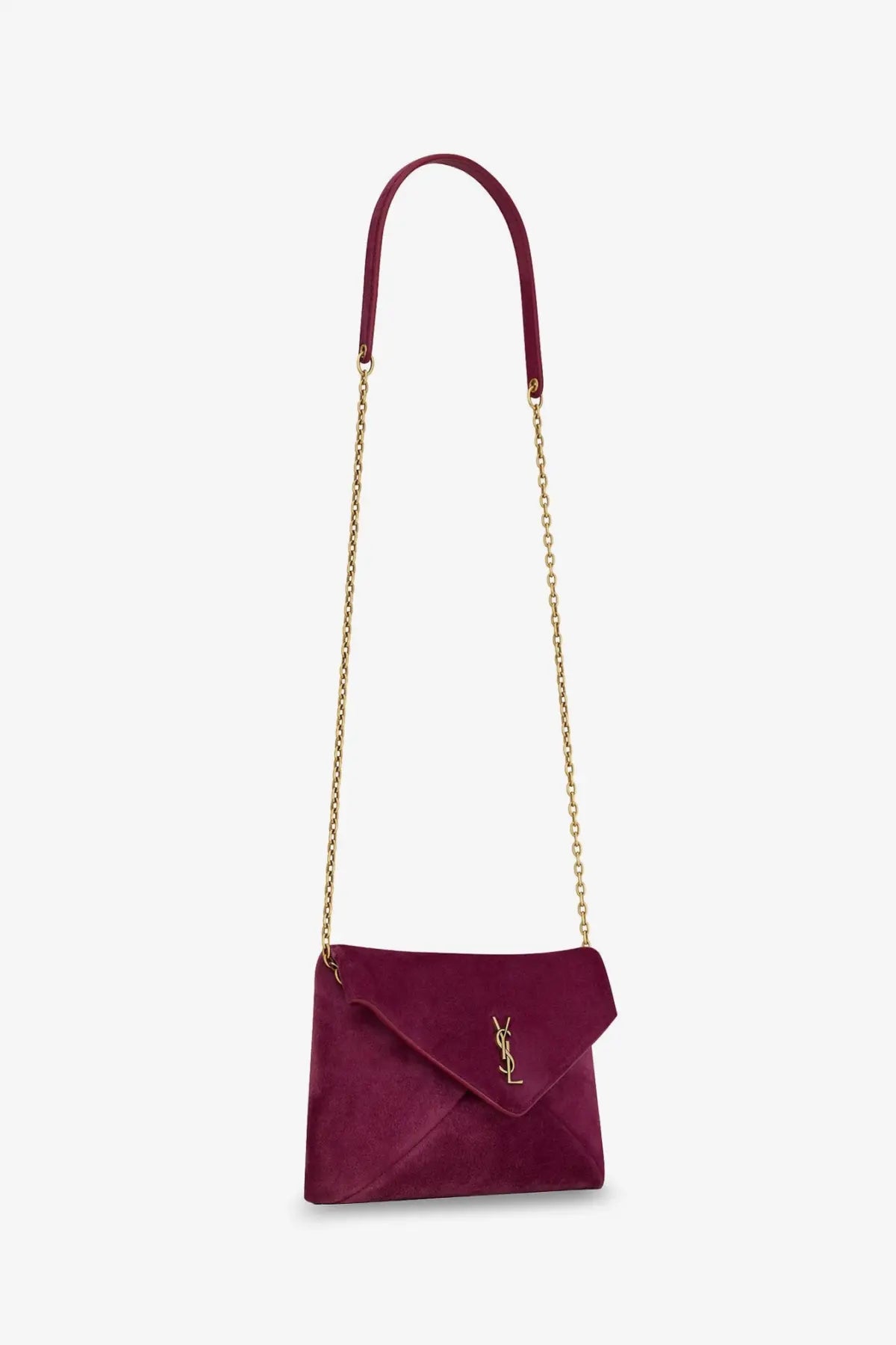 Saint Laurent women’s burgundy suede crossbody bag with gold-tone chain strap and logo clasp