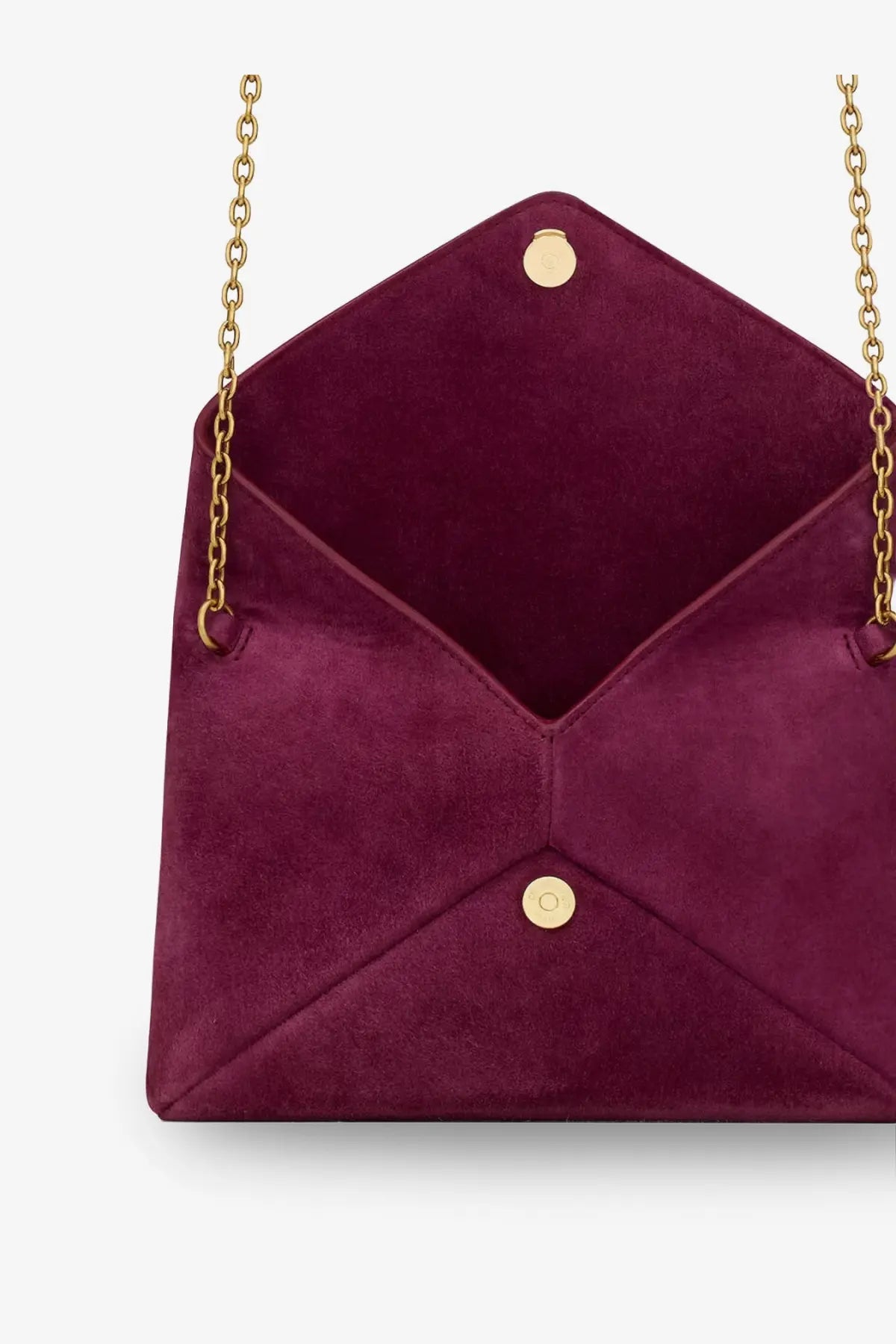 Saint Laurent women’s deep burgundy velvet envelope clutch with gold chain straps and circular clasps crossbody bag