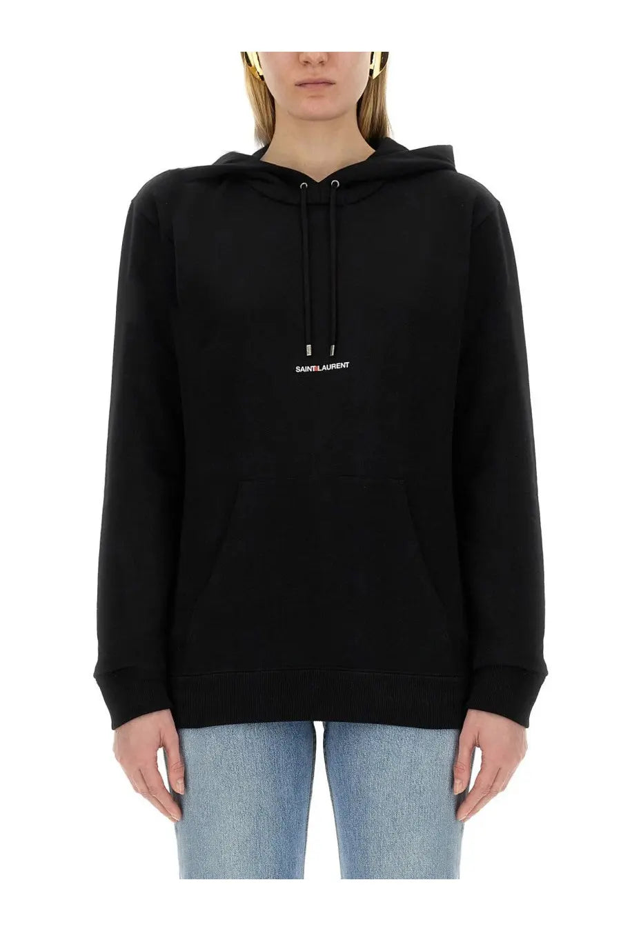 Saint Laurent women’s sweatshirt black with white logo and drawstring hood in a soft cotton hoodie design