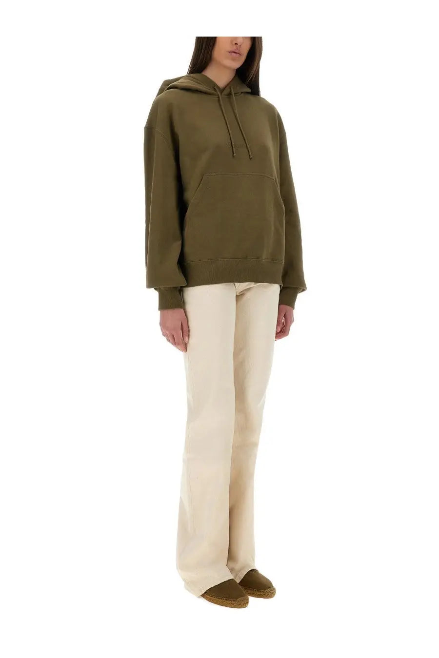 Saint Laurent women’s olive green oversized hoodie with drawstring hood and front pocket in soft material
