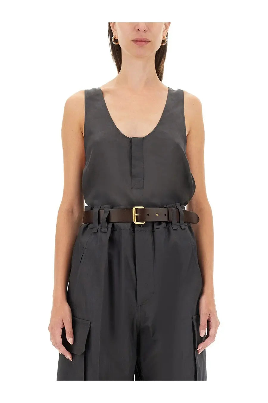 Black leather belt with gold-tone buckle and frayed edges paired with saint laurent women’s grey henley tank top